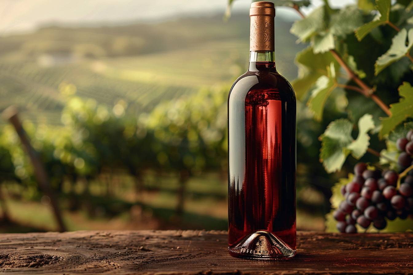 vin de Bourgogne : bouteille de vin rouge de Bourgogne avec vignoble en arrière-plan