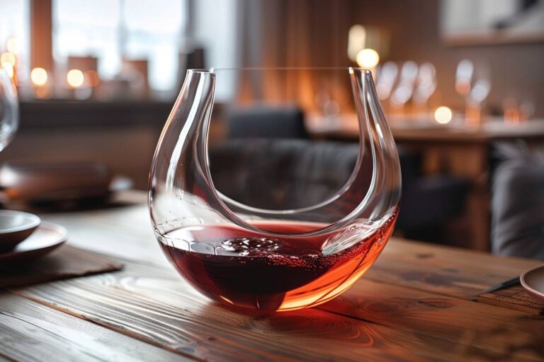 décanter un vin : une carafe avec du vin rouge en train d'être versé