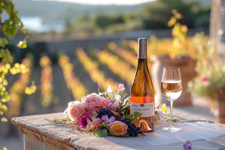 vin rosé de Provence : verre de vin rosé de Provence avec paysage de vignoble en arrière-plan