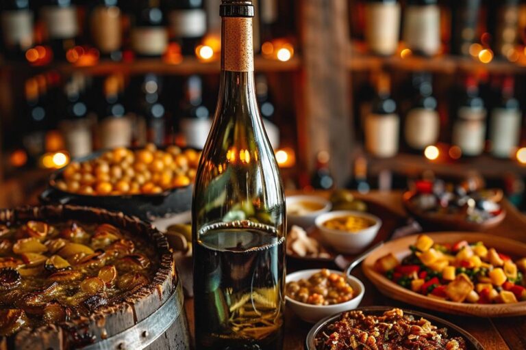 accords mets et vins : une table dressée avec une bouteille de vin et un plat assorti