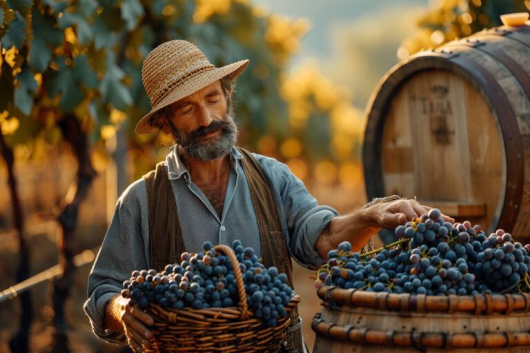 vinification : cuves de fermentation et grappes de raisin en vinification