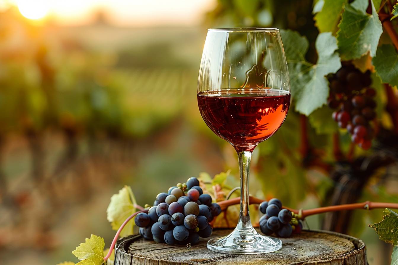 polyphénols : grappes de raisin rouge et verre de vin rouge