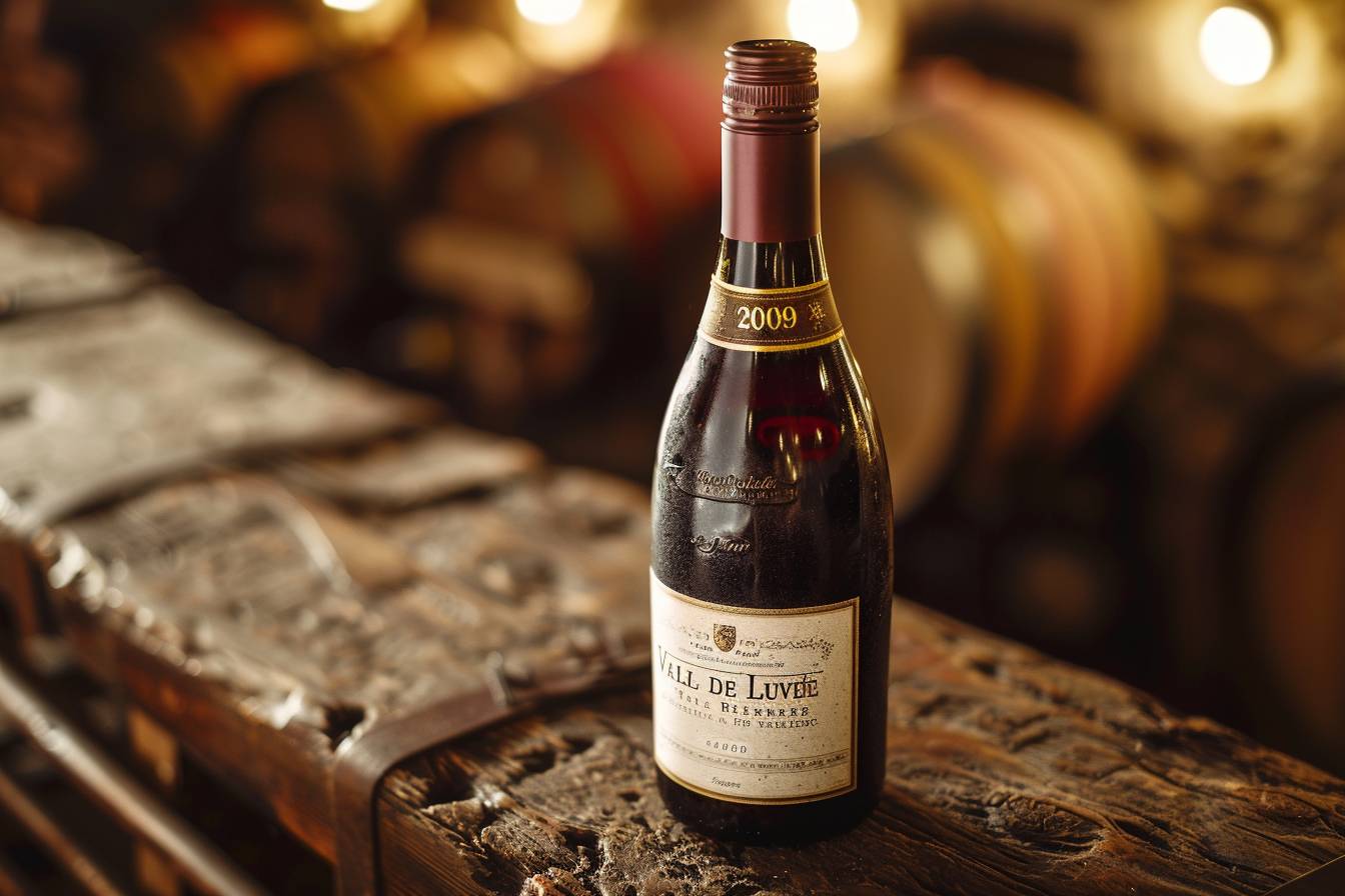vins du Val de Loire : bouteille de vin rouge et blanc du millésime 2008 dans un vignoble