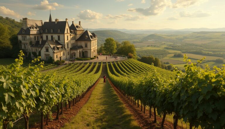 vin en France : vignoble français avec des bouteilles de vin et des grappes de raisin