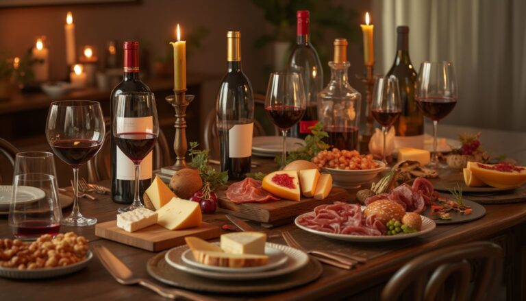 soirée dégustation vin : table élégamment dressée avec plusieurs verres de vin et bouteilles