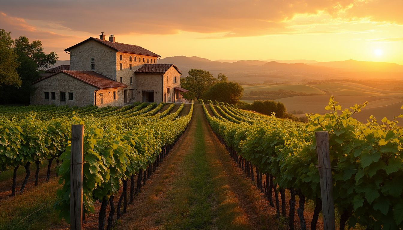 vin : vignoble historique en France montrant des rangées de vignes et une ancienne cave à vin
