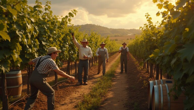 métiers du vin : personnes travaillant dans une vigne et dégustant du vin