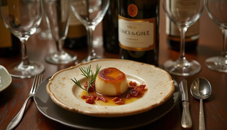 vin et foie gras : bouteille de vin avec un plat de foie gras sur une table élégante