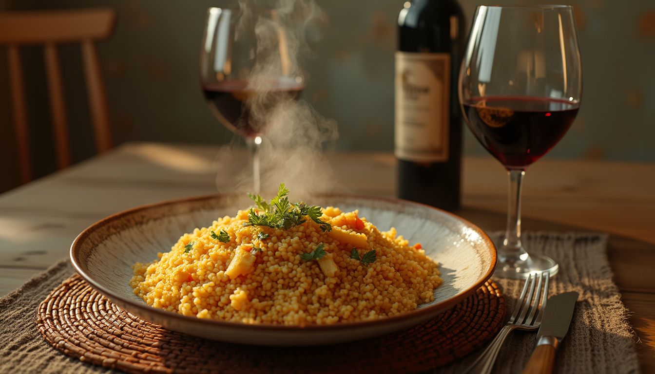 accords mets-vins couscous : bouteille de vin avec un plat de couscous épicé