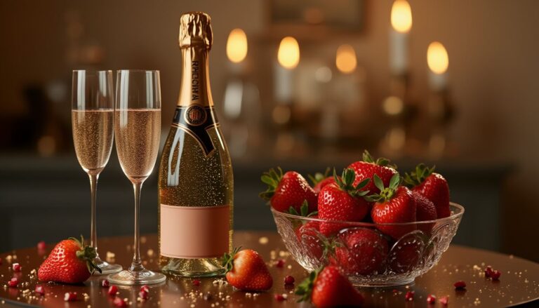 champagne et fraises : un verre de champagne accompagné de fraises fraîches