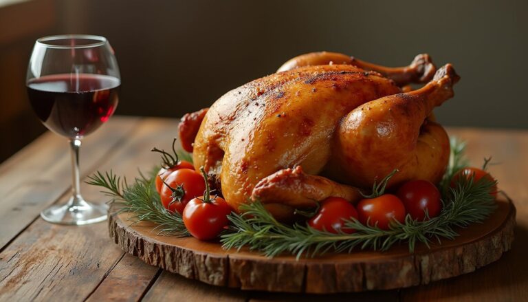 vin pour poulet rôti : bouteille de vin rouge et blanc à côté d'un poulet rôti doré