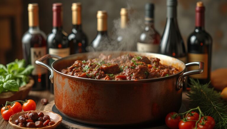 vin pour bœuf bourguignon : bouteille de vin rouge et plat de bœuf bourguignon