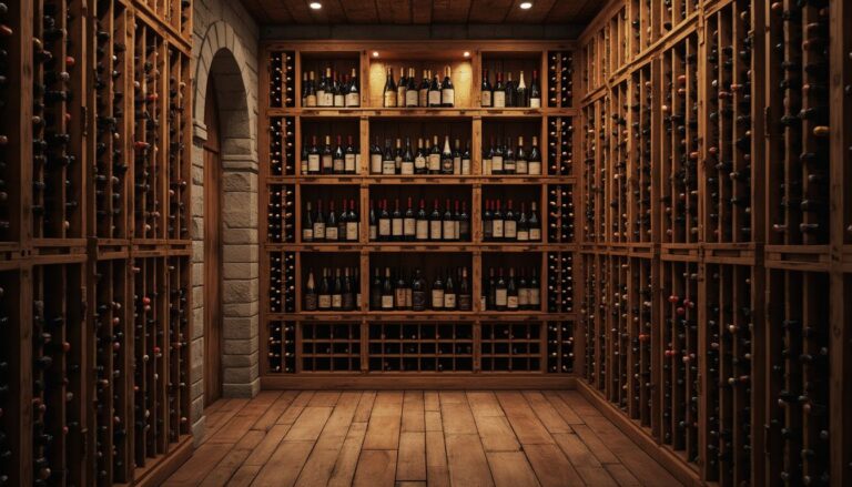 cave à vins : bouteilles de vin soigneusement organisées dans une cave