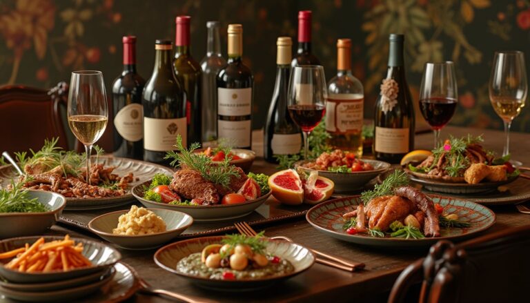 accords mets-vins : bouteilles de vin et plats exotiques colorés
