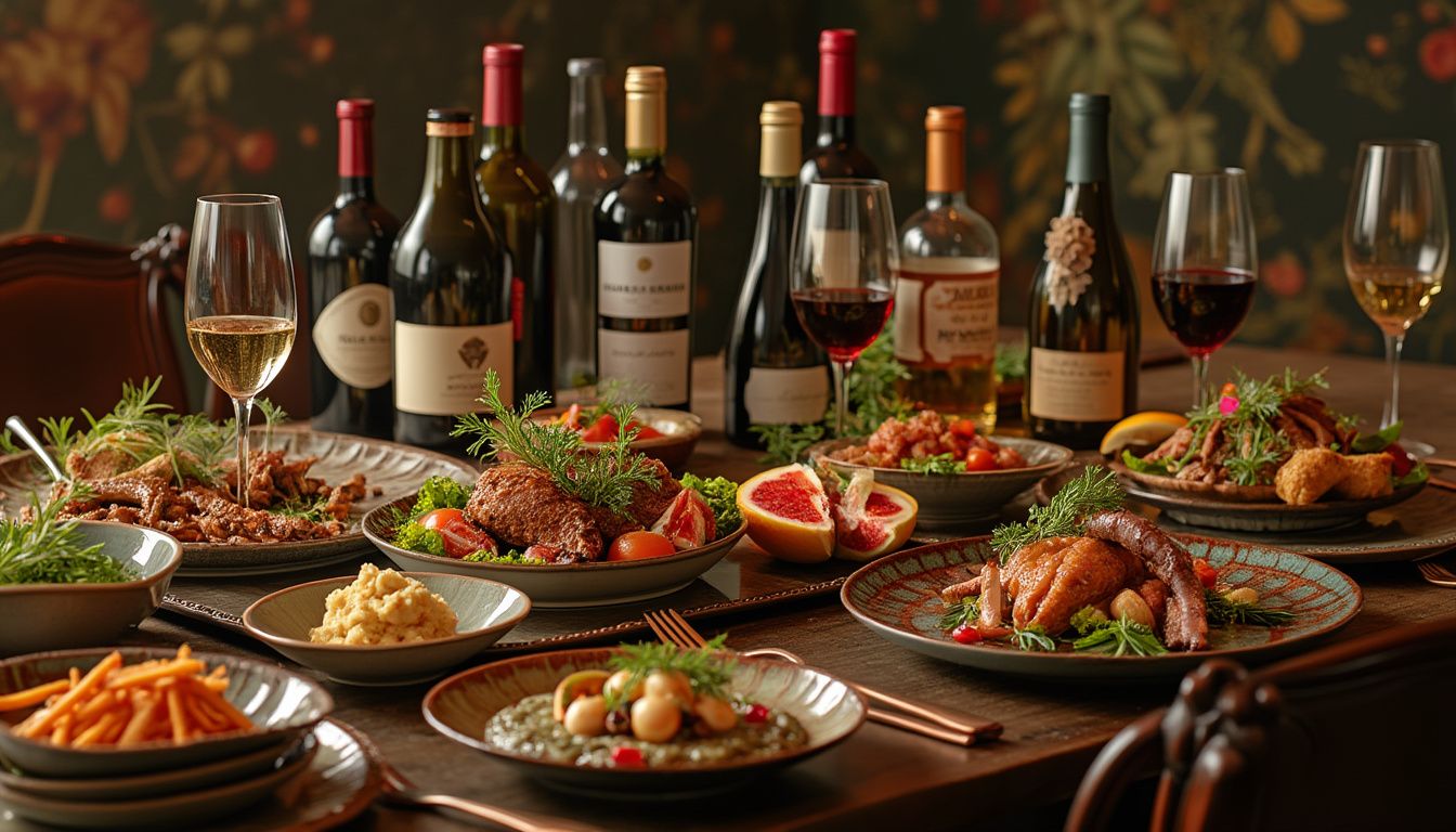 accords mets-vins : bouteilles de vin et plats exotiques colorés