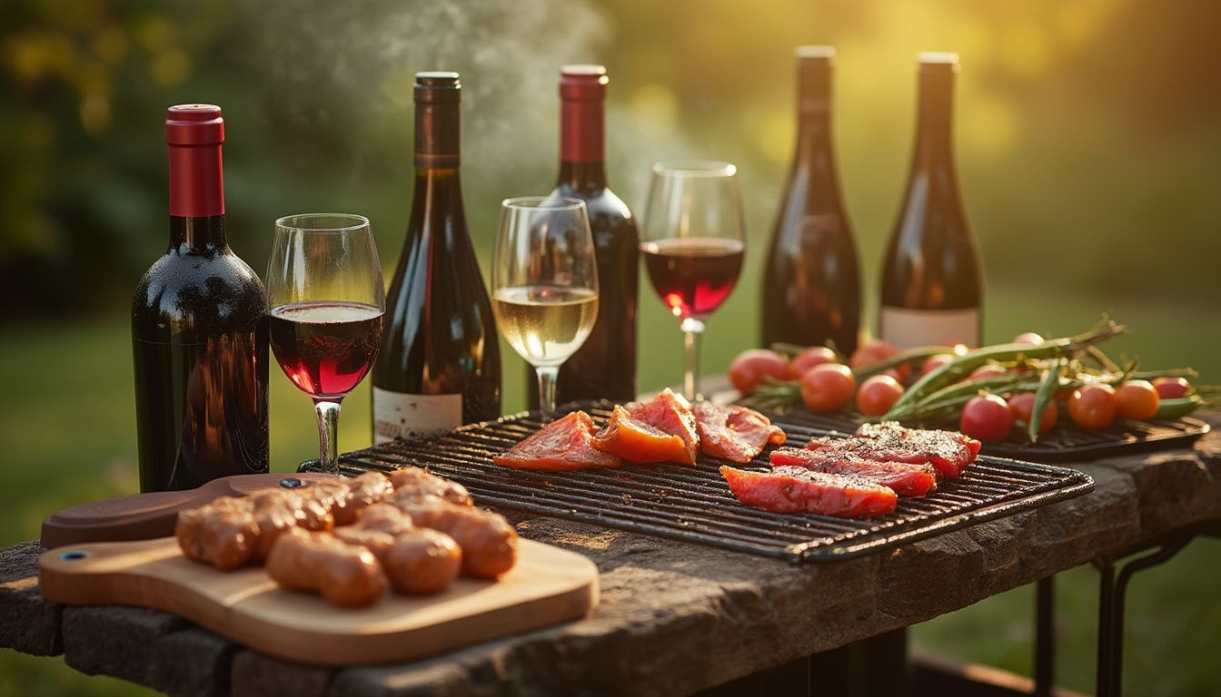 vin et grillades : bouteille de vin rouge et assiette de grillades