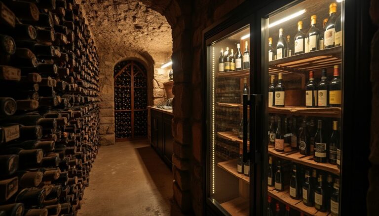 caves à vin : rangée de caves à vin avec bouteilles conservées