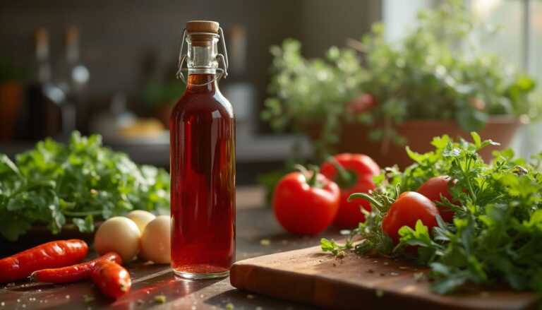 vinaigre de vin : bouteille de vinaigre de vin sur une table de cuisine avec des ingrédients