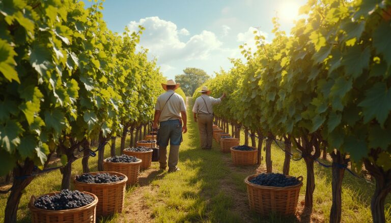vendanges : récolte de raisins à la main dans un vignoble