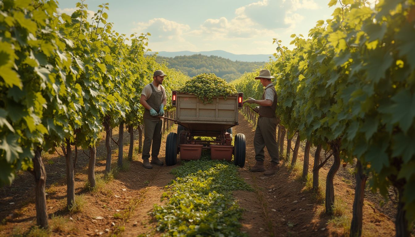 vendanges : personnes récoltant du raisin dans un vignoble
