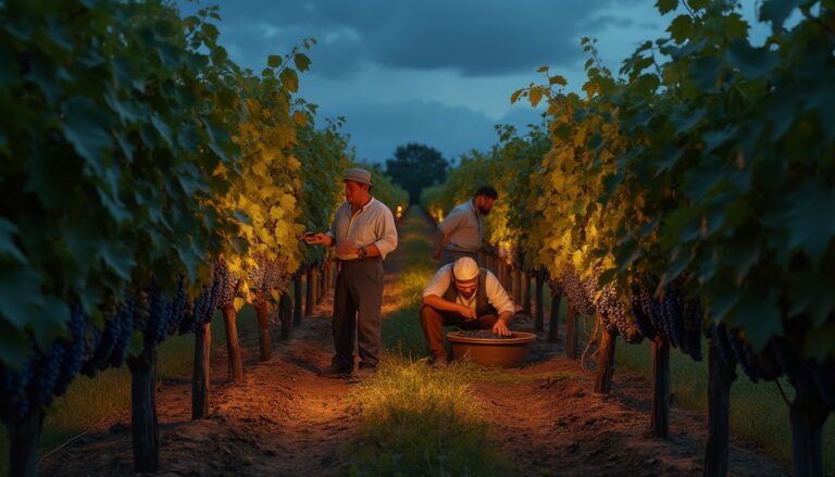 vendanges nocturnes : récolte des raisins la nuit dans un vignoble