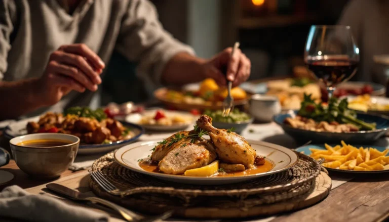 poulet au vin jaune : plat de poulet au vin jaune accompagné de pommes de terre et légumes de saison