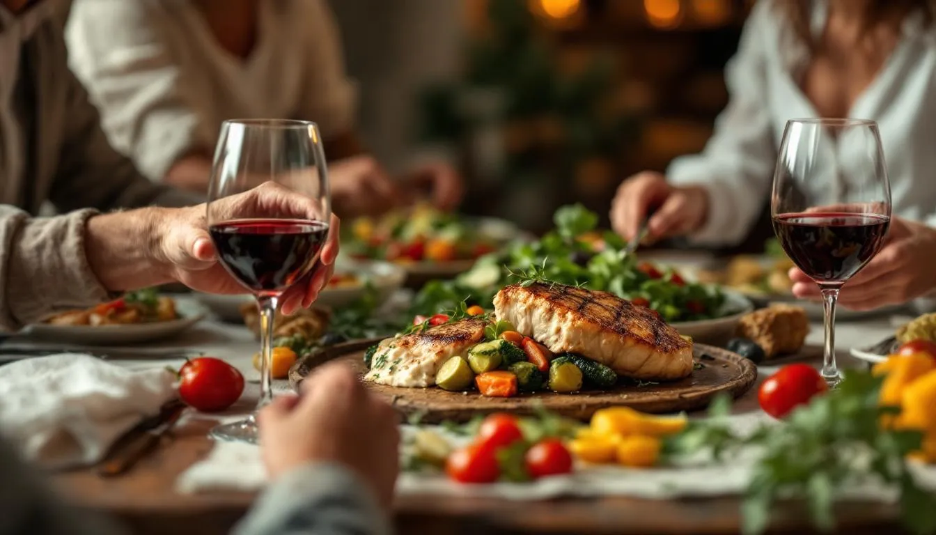 escalope milanaise : assiette d'escalope milanaise accompagnée de garnitures colorées et d'un verre de vin rouge