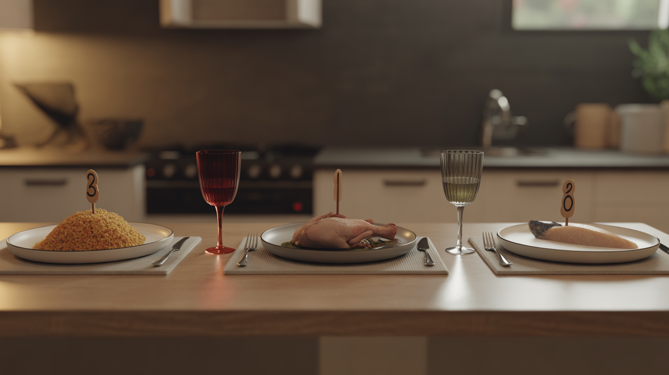 Trois couscous différents et trois verres de vin alignés