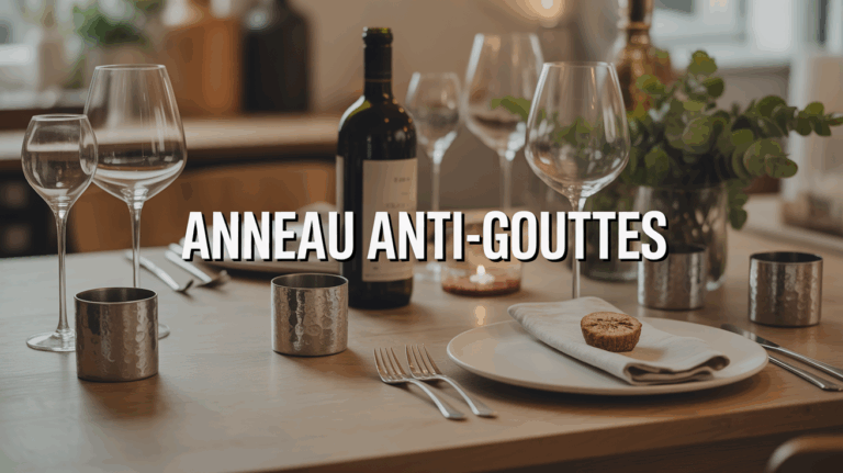 Gros plan anneaux anti-gouttes sur bouteille de vin scene table elegante
