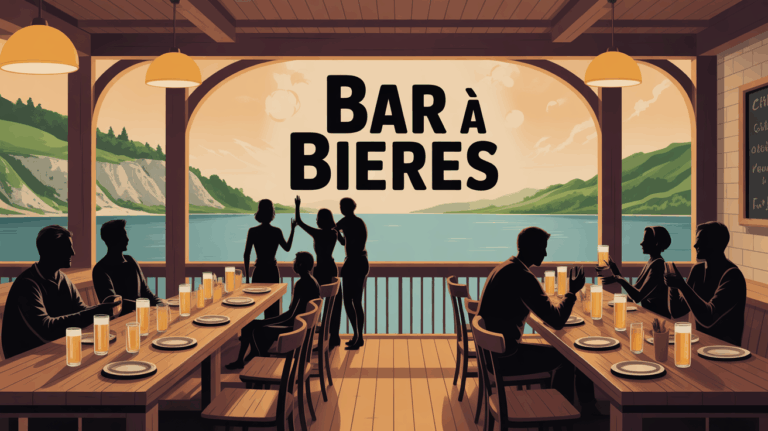 Bar à bières ambiance boisée conviviale grandes tables verres bière