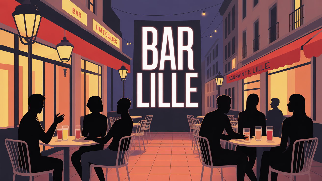 Terrasse de bar à Lille animée, ambiance chaleureuse soir