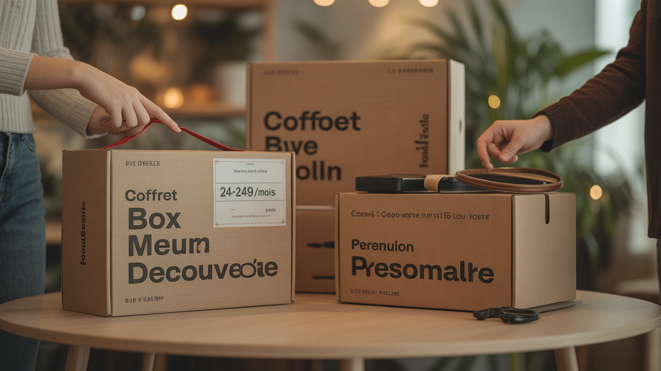 Plusieurs kits vin distincts sur table, choix entre coffret, box mensuelle, premium et personnalisé
