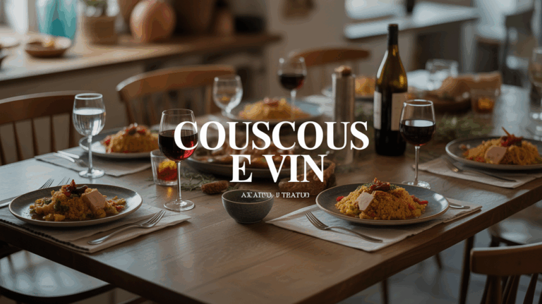 Vue du dessus d'une tablée avec couscous et verres de vin