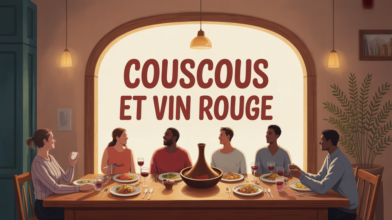 grande table couscous et verres vin rouge ambiance festive