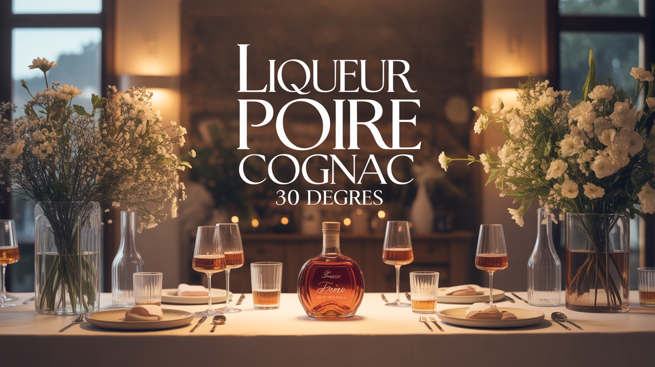 Scène de réception élégante avec liqueur Poire Cognac 30 degrés sur grande table décorée