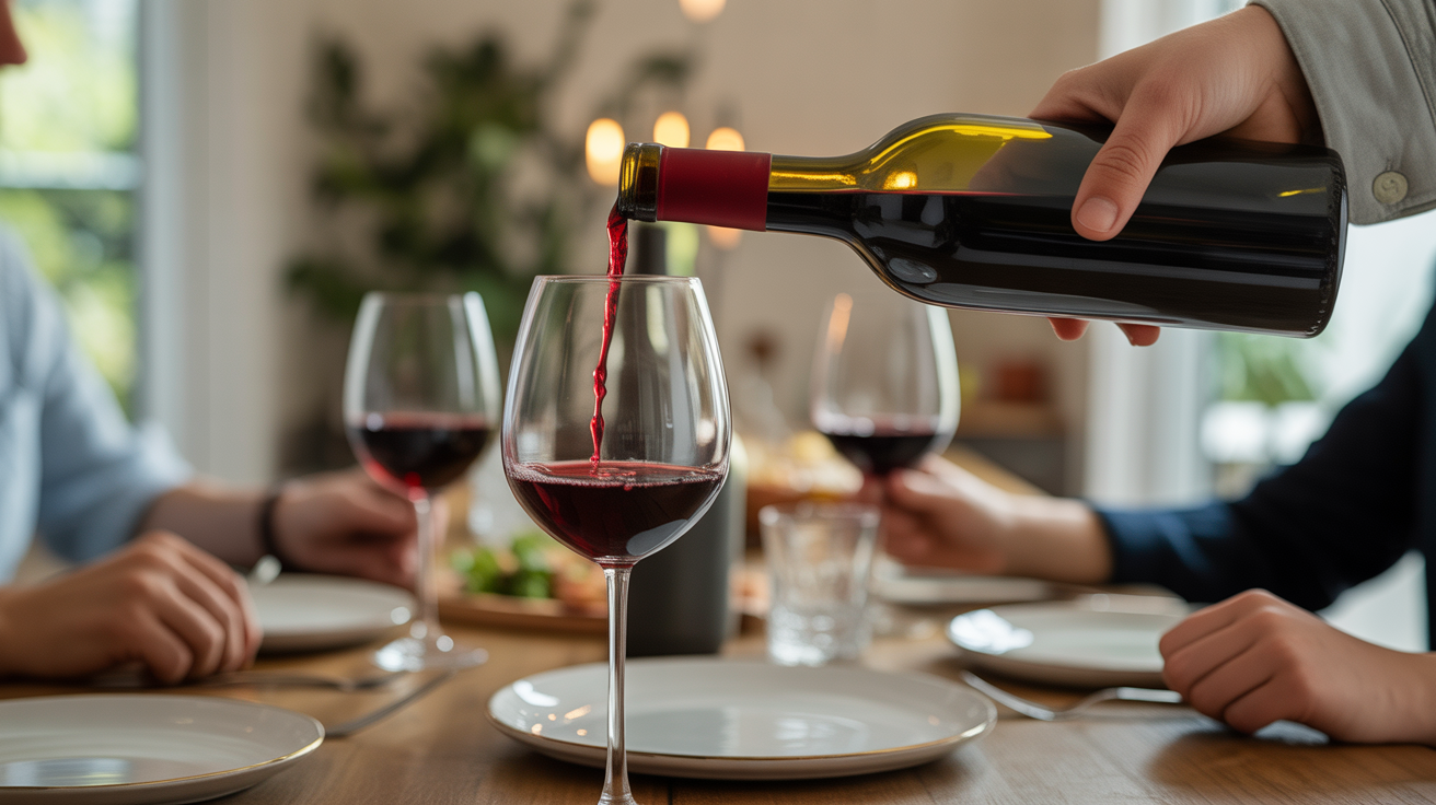 Serveur vin rouge avec anneau anti-gouttes main nappe blanche