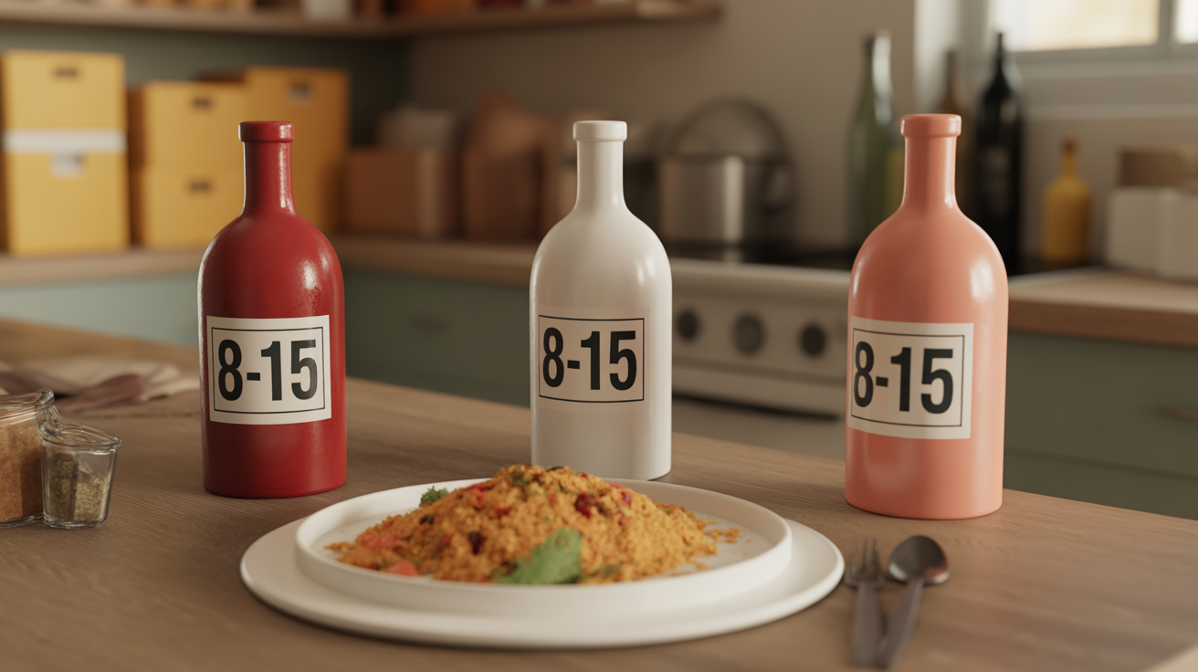 Table avec couscous, bouteilles de vin, étiquettes prix claires