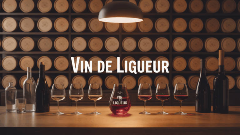 vue de chai vin de liqueur, tonneaux et verres