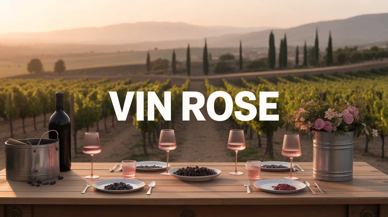Vue stylisée verre de vin rosé, raisins noirs et vignoble