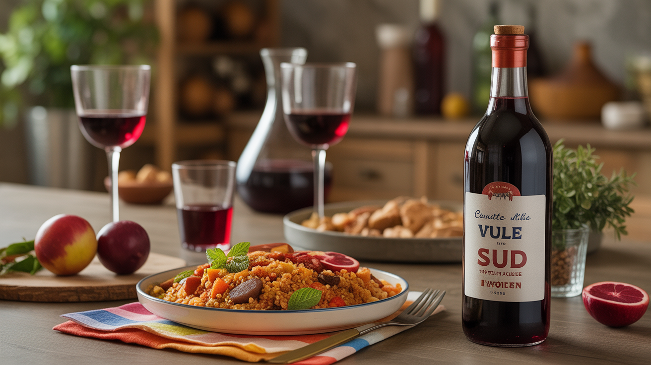 bouteille vin rouge sud carafe plat couscous legumes viandes