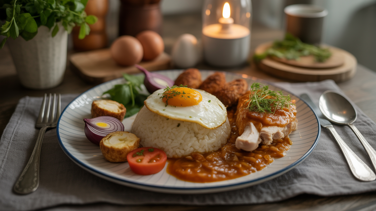 Assiette de poulet loc lac, riz, légumes, oeuf