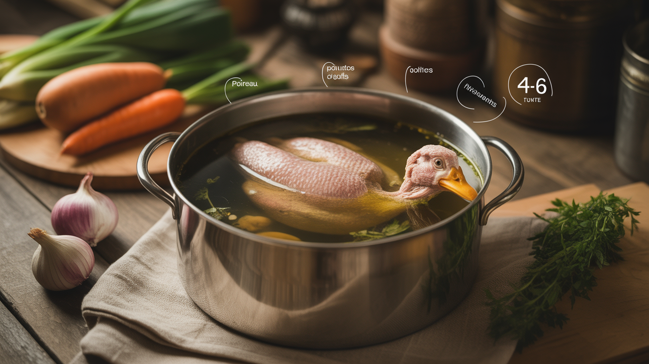 marmite de bouillon avec carcasse de canard et légumes entiers