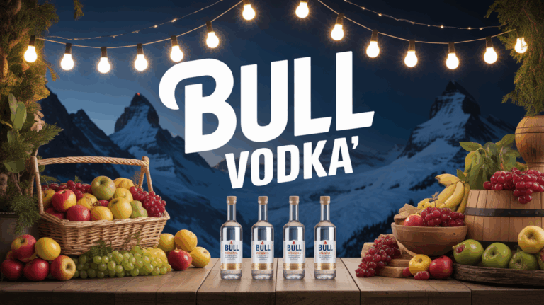 Bull Vodka décor alpin, bouteilles colorées, panier de fruits, ambiance festive