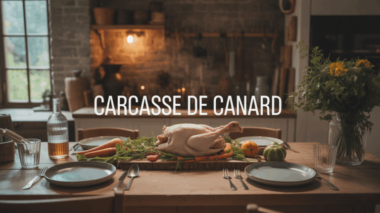 carcasse de canard et légumes sur grande table rustique