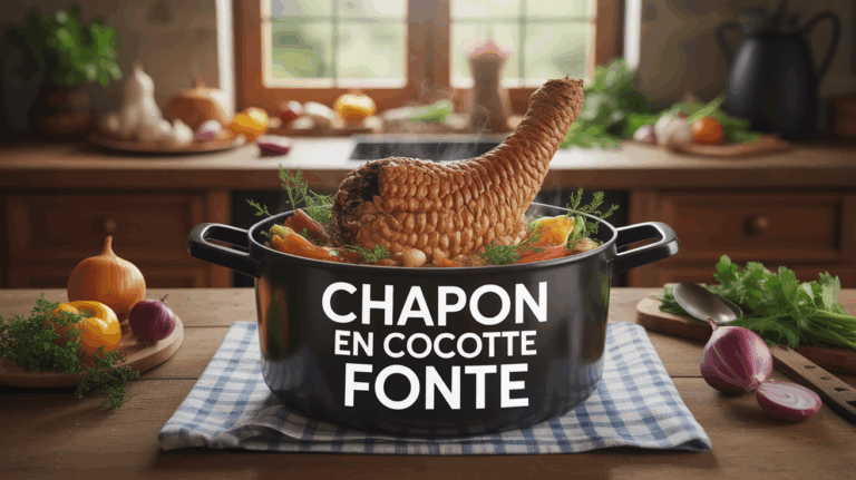 chapon en cocotte fonte doré entouré de légumes rustiques vapeur