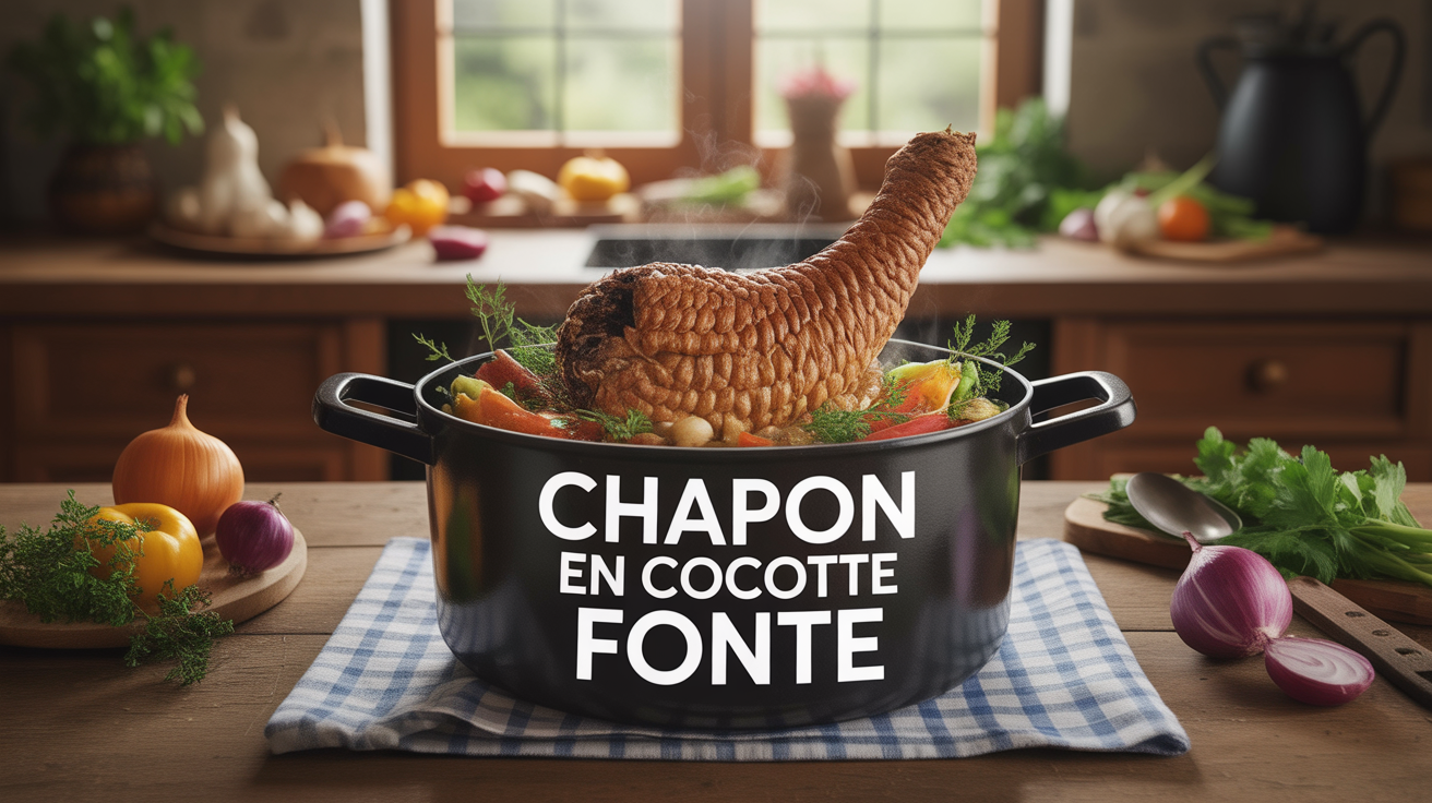 chapon en cocotte fonte doré entouré de légumes rustiques vapeur