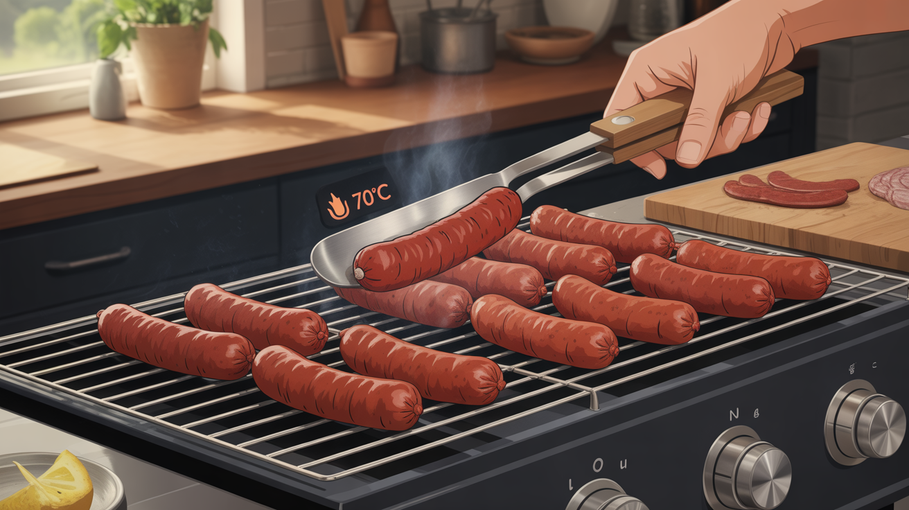 gros plan chorizo barbecue avec thermometre 70C