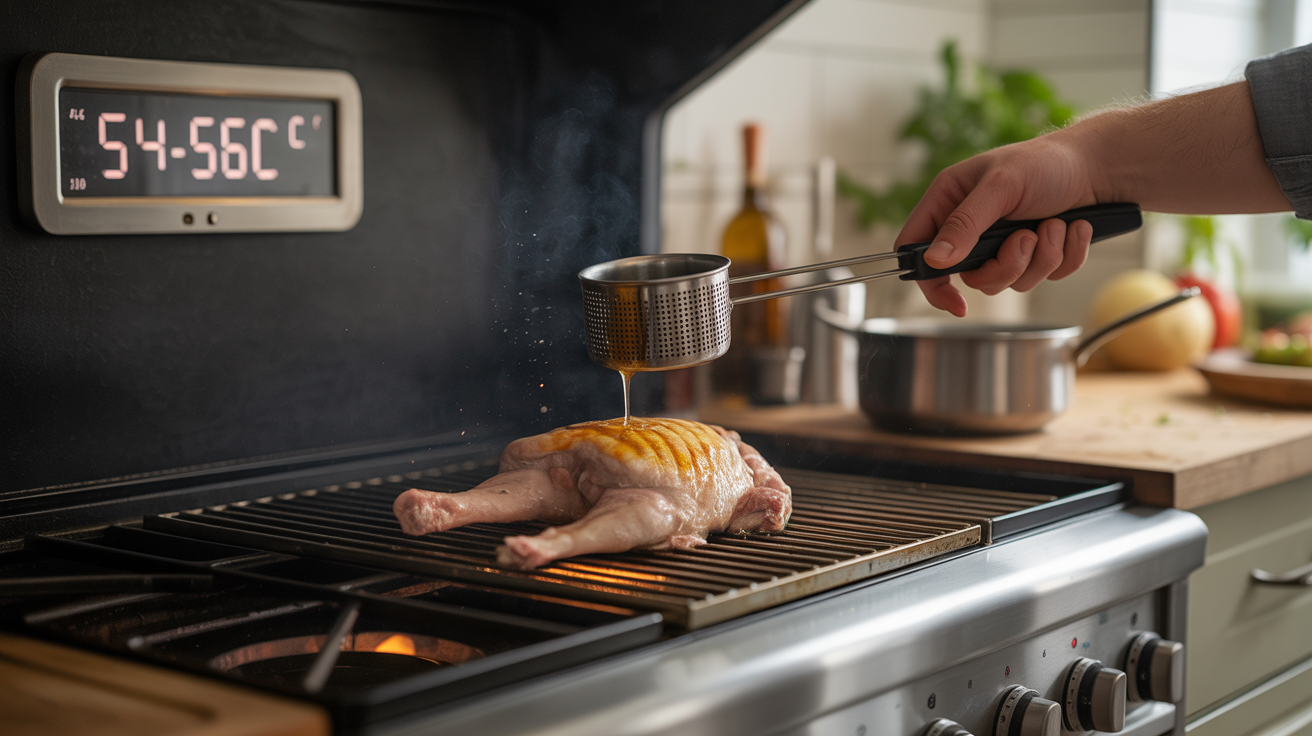 cuisson pigeonneau au four peau dorée thermomètre 54-56C