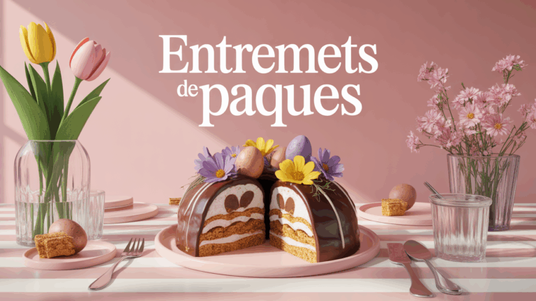 Entremets de Paques coupe avec œufs chocolat et fleurs sur table printaniere