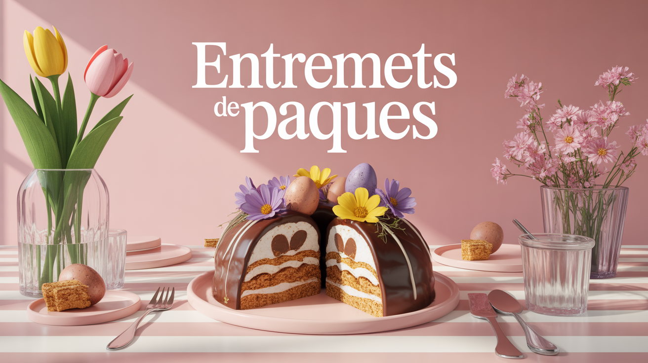 Entremets de Paques coupe avec œufs chocolat et fleurs sur table printaniere